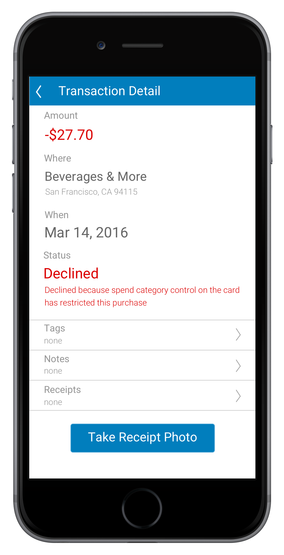 Bento mobile — a declined transaction detail, spelling out that a spend-category control blocked the purchase